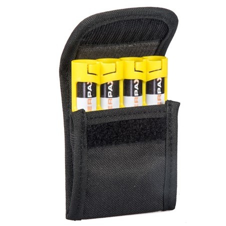 Storacell Powerpax Pouch view of open pouch showing Velcro closure and  containing a Storacell Slimline AA battery caddy