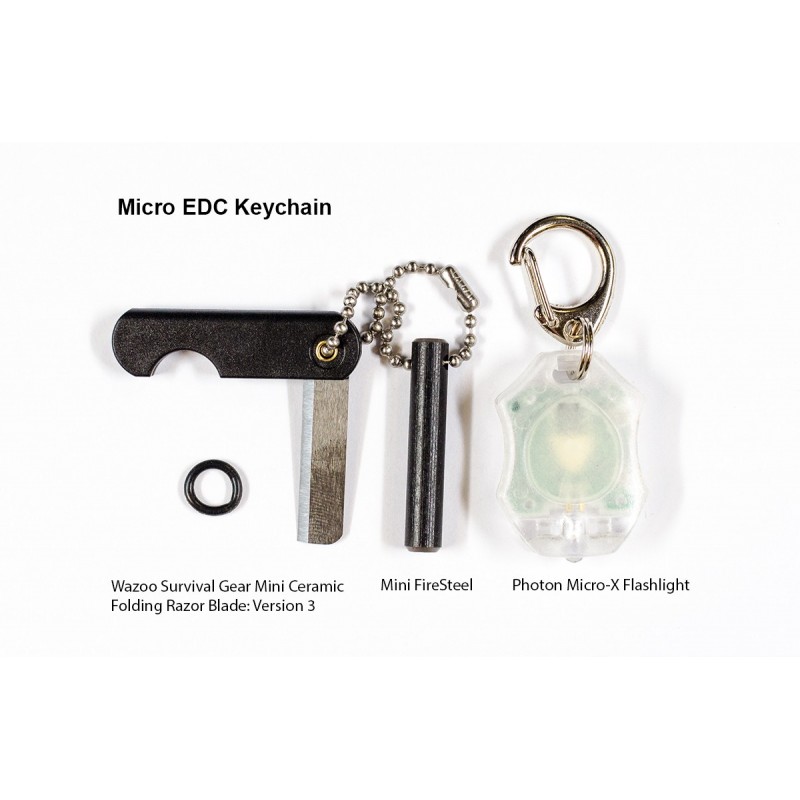 Micro EDC Keychain Mini Ceramic Folding Razor Blade, Mini FireSteel & Photon Micro-X Flashlight