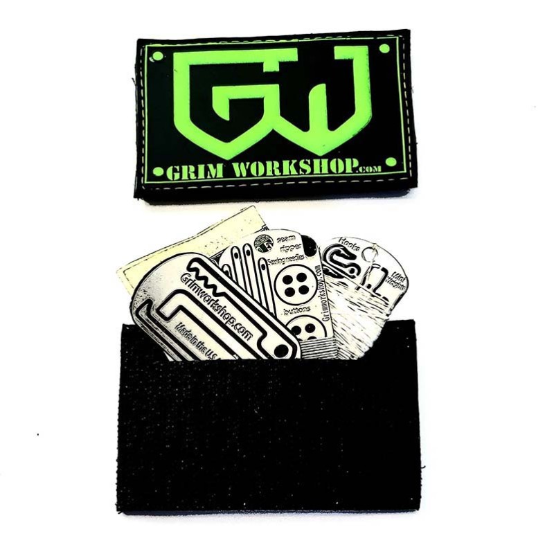 Grim Workshop - Green Morale Patch with hidden pocket showing tools