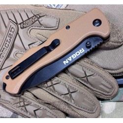 ROGAN Rogue Folding Pocket Knife - Gen 1 - Coyote Black closed on wood