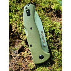 ROGAN Rogue folding knife special edition OD Green and Stonewash closed on mossy log