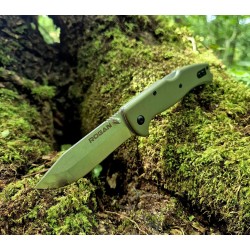 ROGAN Rogue folding knife special edition OD Green and Stonewash open in the forest