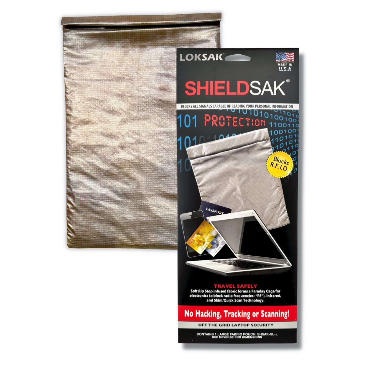 SHIELDSAK Faraday laptop bag blocking Wi-Fi, Bluetooth, GPS, RFID and mobile signals for secure data protection