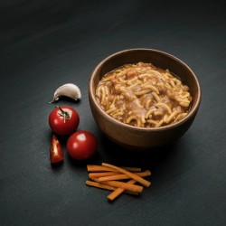 Pasta Bolognese prepared outdoor meal served